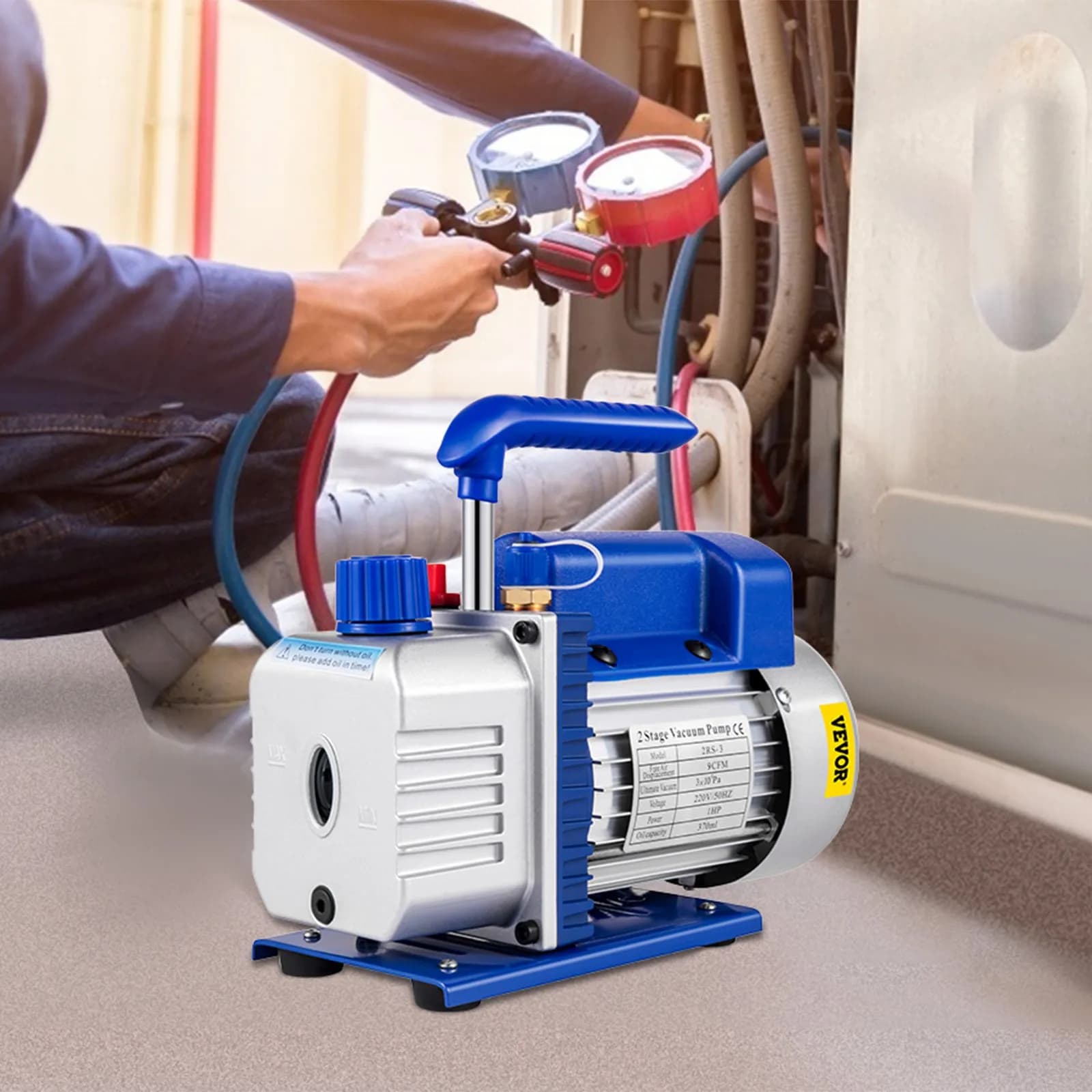 Dvojstupňová vákuová pumpa na klimatizáciu 9 CFM 1 HP 220V 5PA Vysokokvalitná vzduchová pumpa na chladivo pre HVAC s rotačnými lopatkami na opravy automobilov a vákuové odsávanie