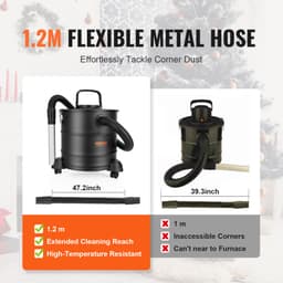 Vysávač popola, 20 l s výkonným saním 1200 W, zberač popola s flexibilnou hadicou 1,2 m a kolieskami, pre krby, peletové kachle, kachle na drevo, pec na polená, grily, pece na pizzu, ohniská - miniatúra 9