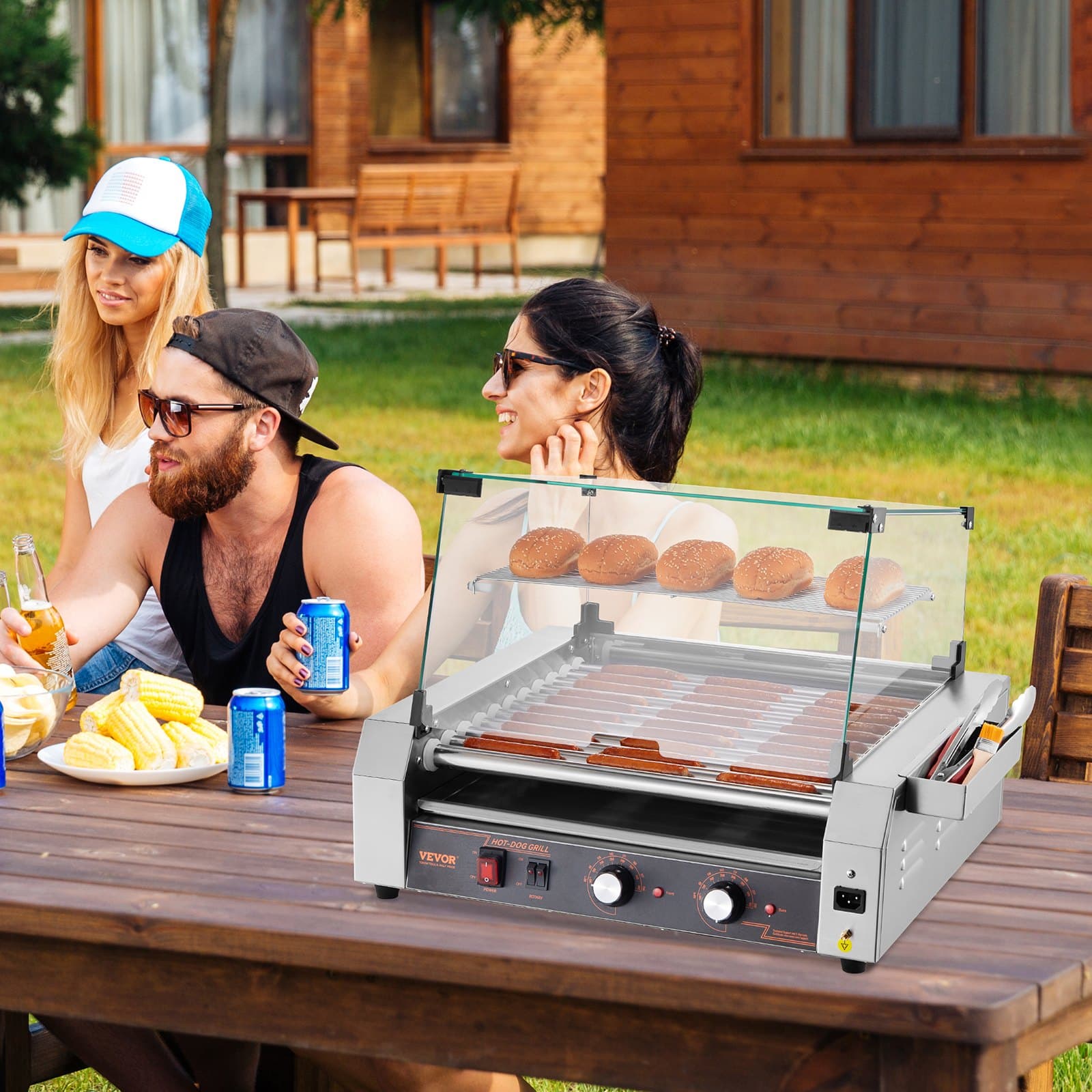 Rolky na hotdog, 30 valčekov na hotdog a 11 valčekov, gril na klobásy z nehrdzavejúcej ocele, komerčný stroj na hotdog s výkonom 2200 W s dvojitou reguláciou teploty, krytom, bočným úložným boxom, odnímateľnou poličkou a odkvapkávačom oleja