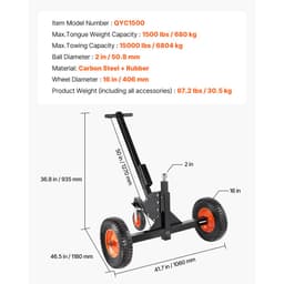 Prenosný ťažný vozík na príves, nosnosť 726 kg, 2 v 1 s guľou 2 palce, 40 cm pneumatikami a univerzálnym kolesom, prenosný ťažný vozík na presun automobilu alebo karavanu - miniatúra 1