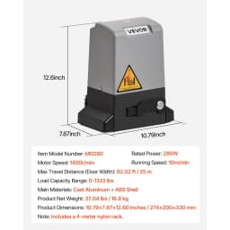 Automatický otvárač brán, 280W elektrický otvárač posuvných brán pre brány do 25 m 816 kg, nylonový motor na rolovacie brány s ozubeným hrebeňom s infračerveným senzorom a 2 diaľkovými ovládačmi, systém otvárania príjazdových brán - miniatúra 11