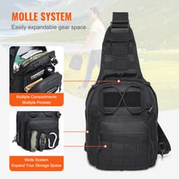 Taktická taška cez rameno, 10L vojenský batoh Rover s MOLLE dizajnom a viacerými vreckami, taktická taška cez rameno 600D ideálna na nosenie vecí, turistiku a každodenné nosenie, čierna - miniatúra 9