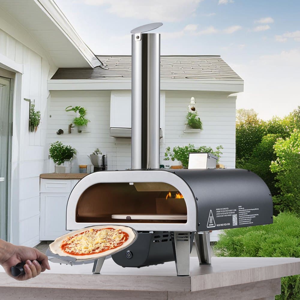 Vonkajšia pec na pizzu, 12-palcová pec na pizzu na drevo, peletová pec na pizzu s teplomerom a elektrickým rotačným systémom, prenosný stroj na pizzu na vonkajšie kempovanie na záhrade, terase, kameň na pizzu, prenosná taška, lopata