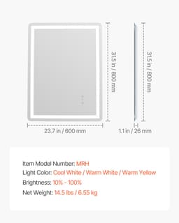 LED kúpeľňové zrkadlo, 60 x 80 cm LED kúpeľňové zrkadlo s predným a podsvietením, zrkadlo s pamäťovou funkciou proti zahmlievaniu s osvetlením, plynule stmievateľné zrkadlo do kúpeľne s 3 farbami, nástenné - miniatúra 3