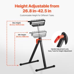 Valčekový stojan, nosnosť 136 kg (300 lb), nastaviteľná výška 68 – 108 cm (26,8 – 42,5 palca), skladací, odolný s leštenou viacsmerovou valčekovou hlavou 29,2 cm (11,5 palca), pre predĺženie výstupného otvoru stolovej píly na obrábanie dreva - miniatúra 7