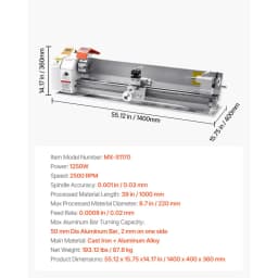 Sústruh na kov, 220 x 1000 mm (8,7 x 39 palcov), presný stolový sústruh na kov, automatické podávanie, variabilná rýchlosť 0 – 2500 ot./min., bezuhlíkový motor 1250 W, na spracovanie presných dielov z mäkkých kovov a dreva a plastov - miniatúra 11