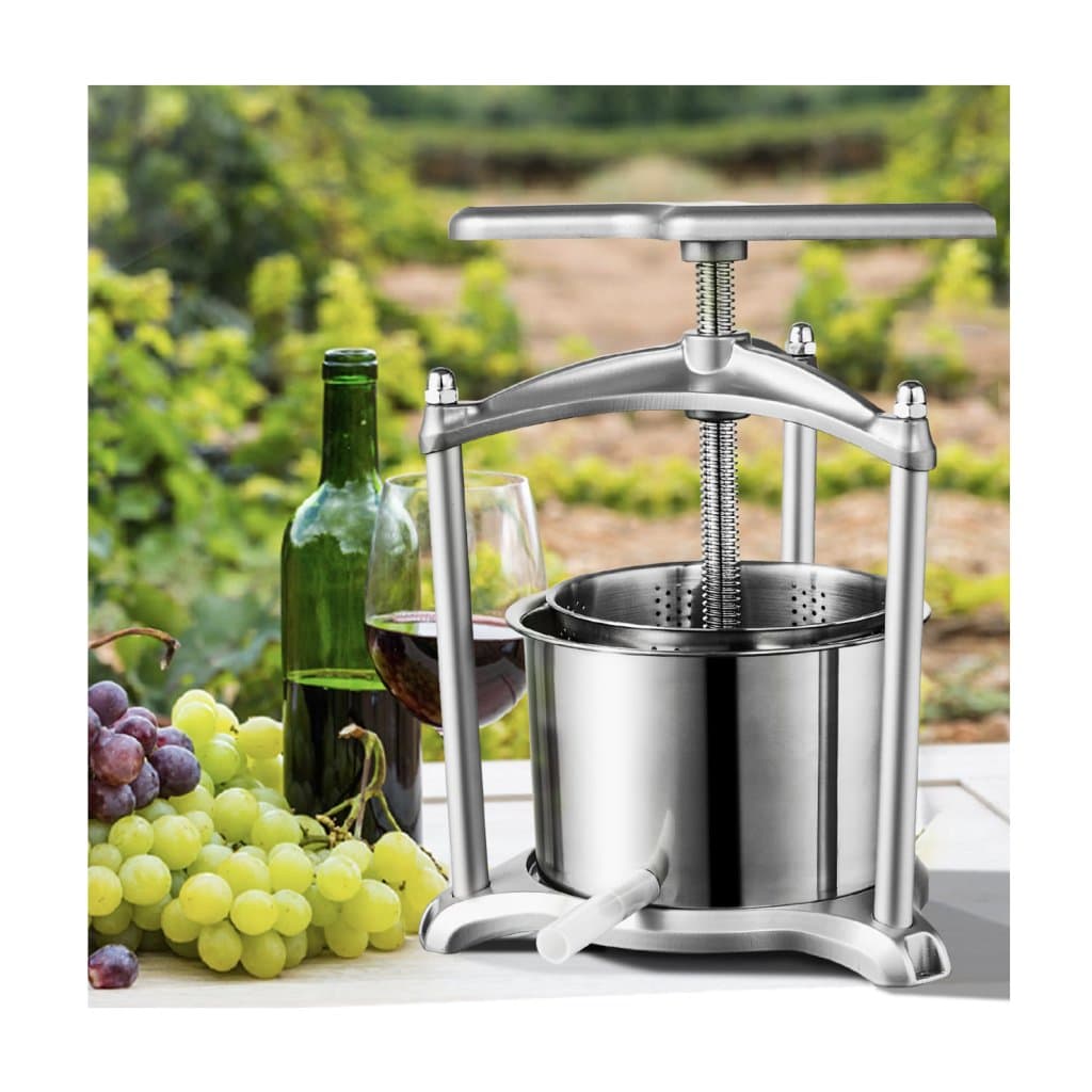 Lis na ovocie, 1,6 galóna/6 l, 2 nerezové sudy, ručný odšťavovač, lis na cider, jablká, hrozno, likér, rastlinný med, olivový olej s rukoväťou v tvare T, trojuholníková konštrukcia do kuchyne