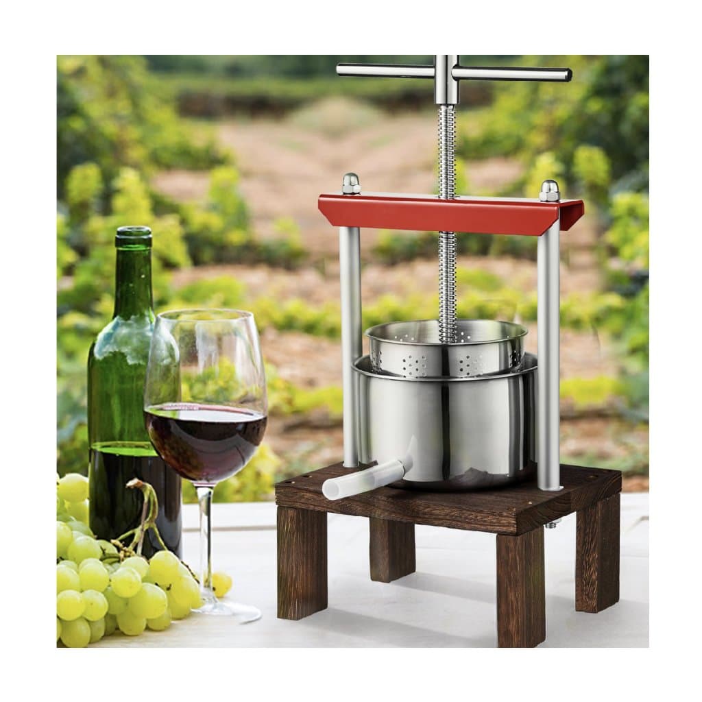 Lis na ovocie, 0,53 galóna/2 litre, 2 nerezové sudy, ručný odšťavovač, lis na cider, jablká, hrozno, likér, rastlinný med, olivový olej s rukoväťou v tvare T a stabilnou základňou do kuchyne a domácnosti