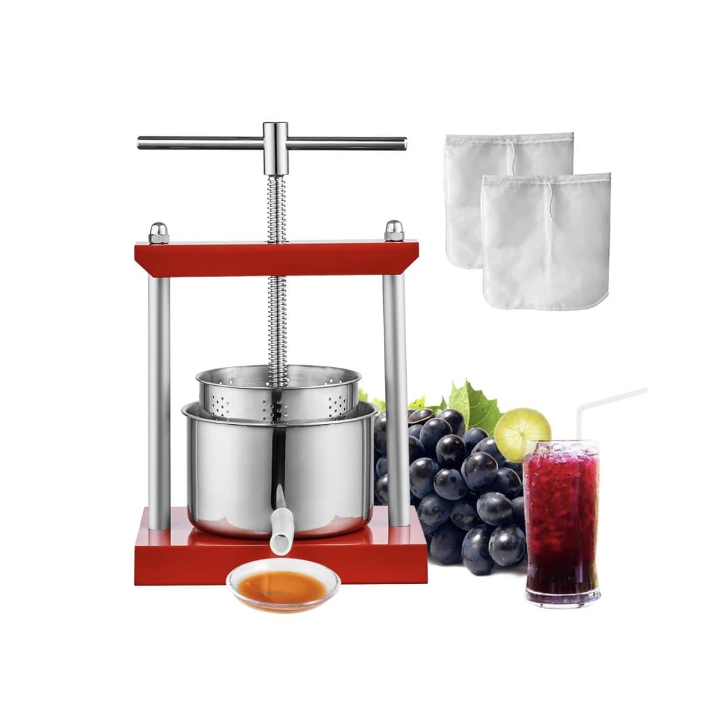 Lis na ovocné víno, 1,6 galóna/6 l, 2 nerezové sudy, ručný odšťavovač, lis na cider, jablká, hrozno, likér, rastlinný med, olivový olej s rukoväťou v tvare T na vonkajšie, kuchynské a domáce použitie