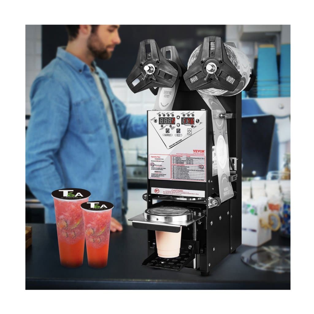 Plne automatická uzatváračka šálok, 500 – 650 šálok/h, uzatváračka šálok pre šálky s výškou 180 mm a priemerom 90/95 mm, elektrická uzatváračka čaju Boba s digitálnym LCD ovládacím panelom na bubble tea, kávu a čierny čaj