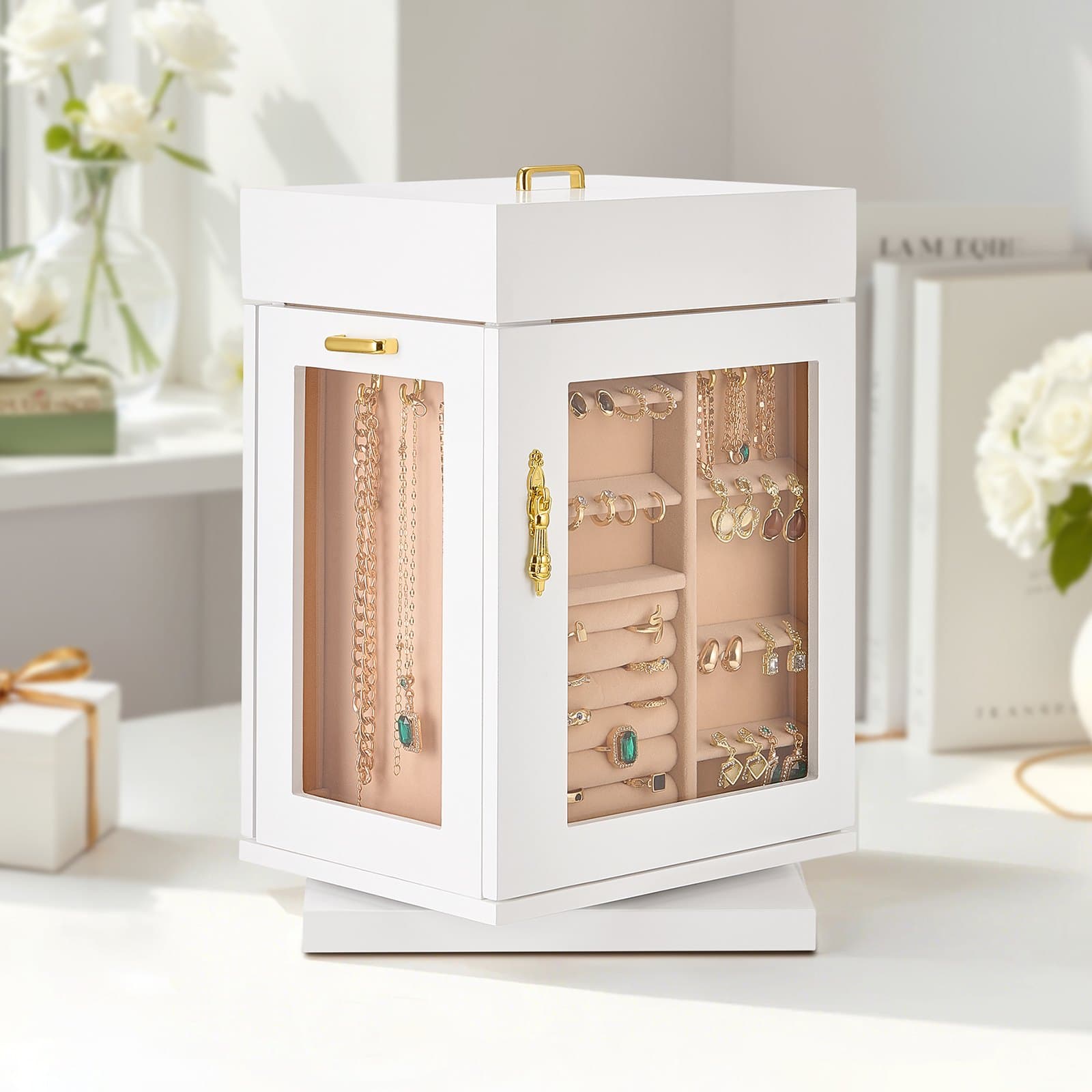 Šperkovnica, otočná o 360°, organizér na šperky so 4 háčikmi na náhrdelníky, biela