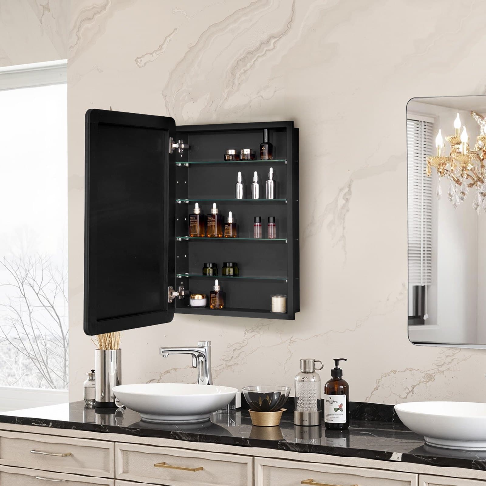 Lekárnička, 20 x 30 palcov, Lekárnička do kúpeľne so zrkadlom, Hliníkový rám kúpeľňovej nástennej skrinky, 4-vrstvové nastaviteľné police, Zapustená a nástenná inštalácia
