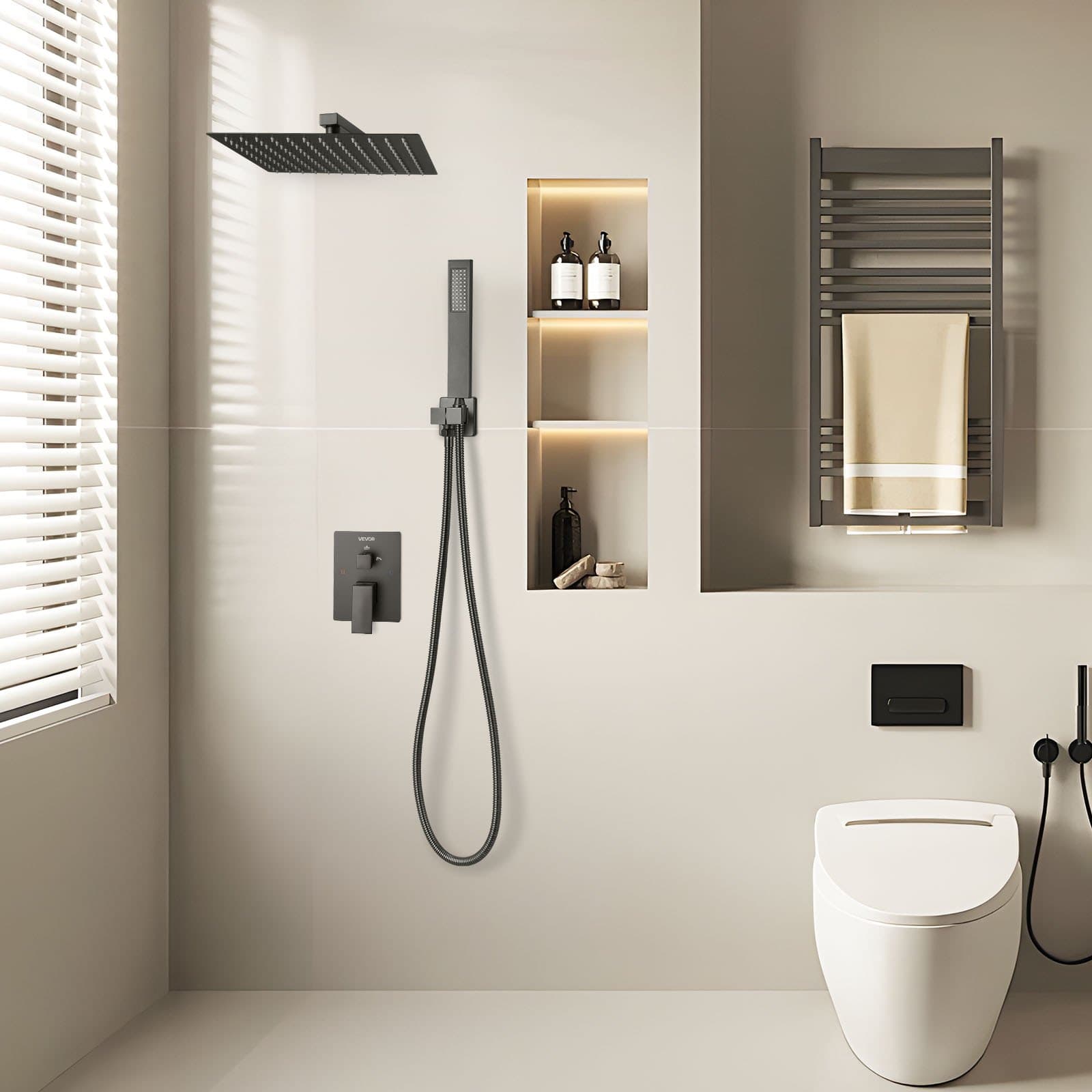 Sada sprchovej batérie, sprchový systém Rainfall do kúpeľne s 12-palcovou (30,5 cm) štvorcovou sprchovou hlavicou Rain a ručnou sprchou, nástenné vaňové armatúry s mosadzným ventilom a obložkovou sadou, matná čierna