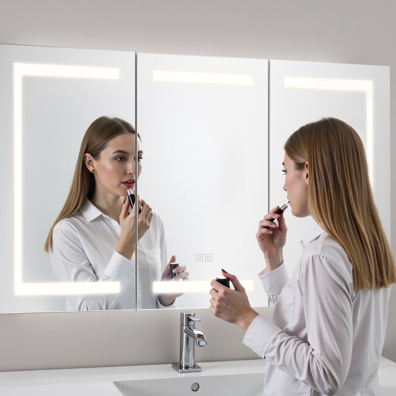 Osvetlená lekárnička so zrkadlom, 100 x 60 cm, nástenná, 3-farebná stmievateľná LED kúpeľňová lekárnička s tvrdeným skleneným zrkadlom, pamäťová funkcia/2 nastaviteľné police/zásuvky a USB