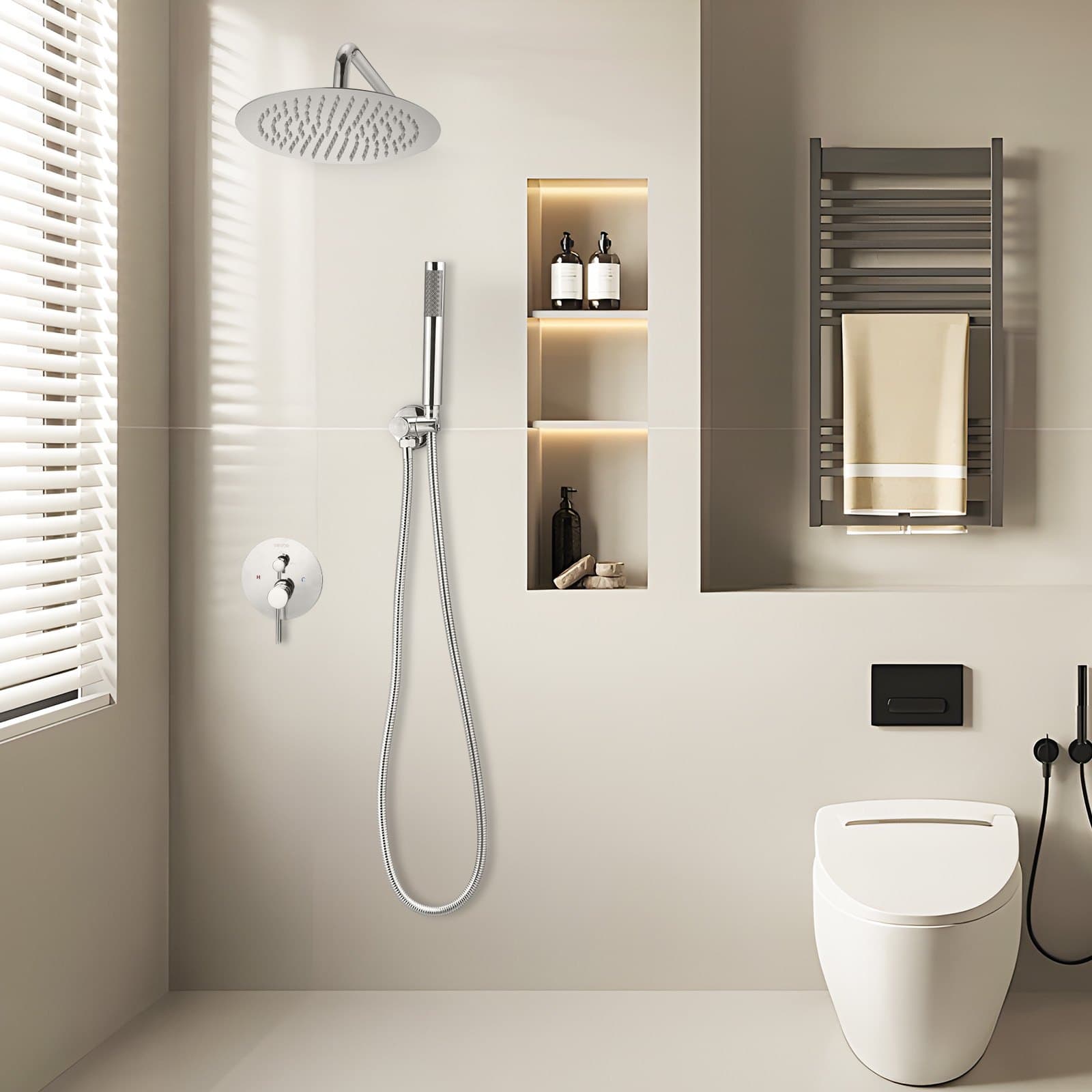 Sprchová batéria, sprchový systém Rainfall do kúpeľne s okrúhlou sprchovou hlavicou Rain s priemerom 25,4 cm a ručnou sprchou, nástenné vaňové armatúry s mosadzným ventilom a obložkovou sadou, strieborný chróm