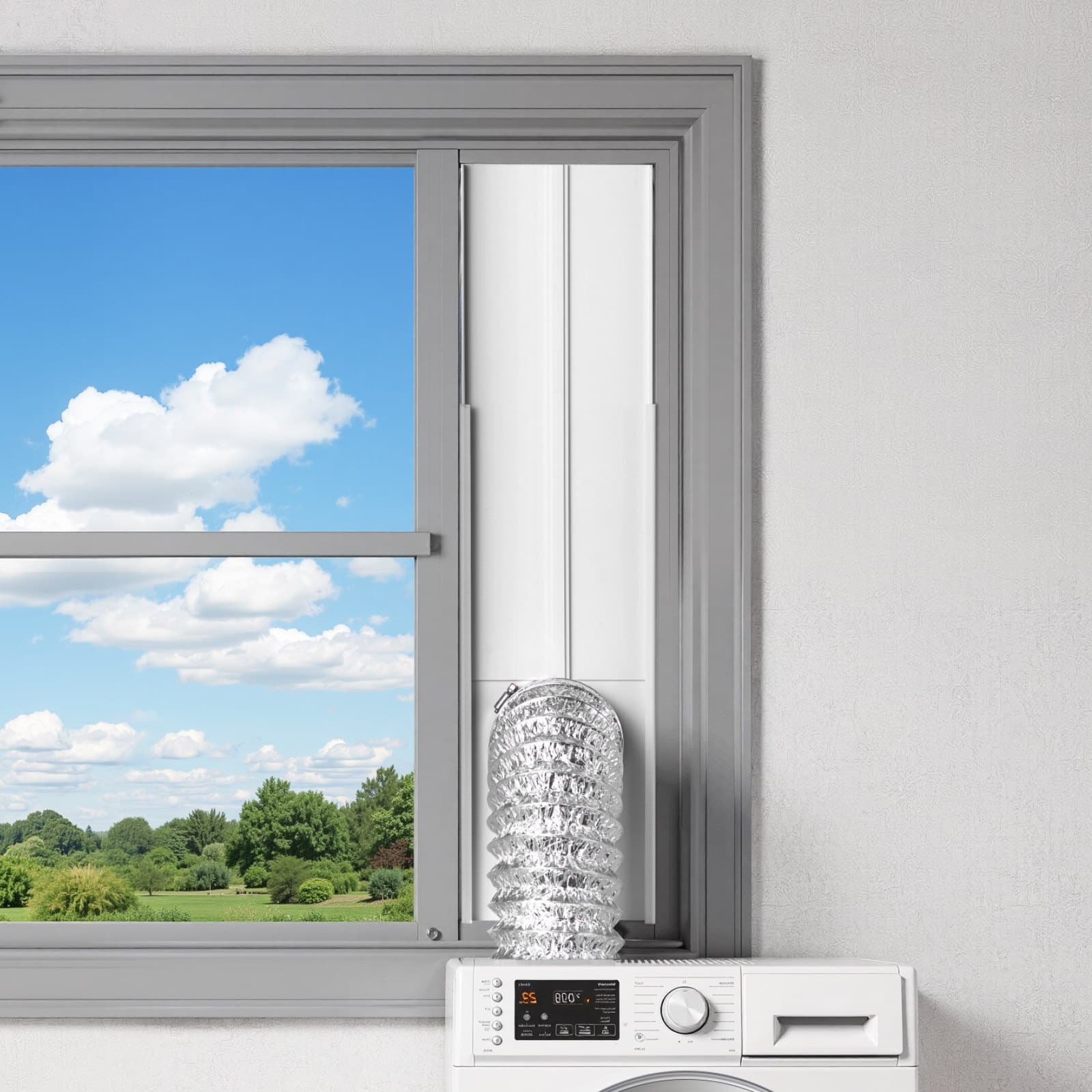 Súprava na vetracie okno sušičky, vhodná pre výfukové hadice s priemerom 101,6 mm, nastaviteľná dĺžka pre posuvné okná rôznych výšok, odolné PVC a PP materiály, dvojitá ochrana a viacvrstvové tesnenie