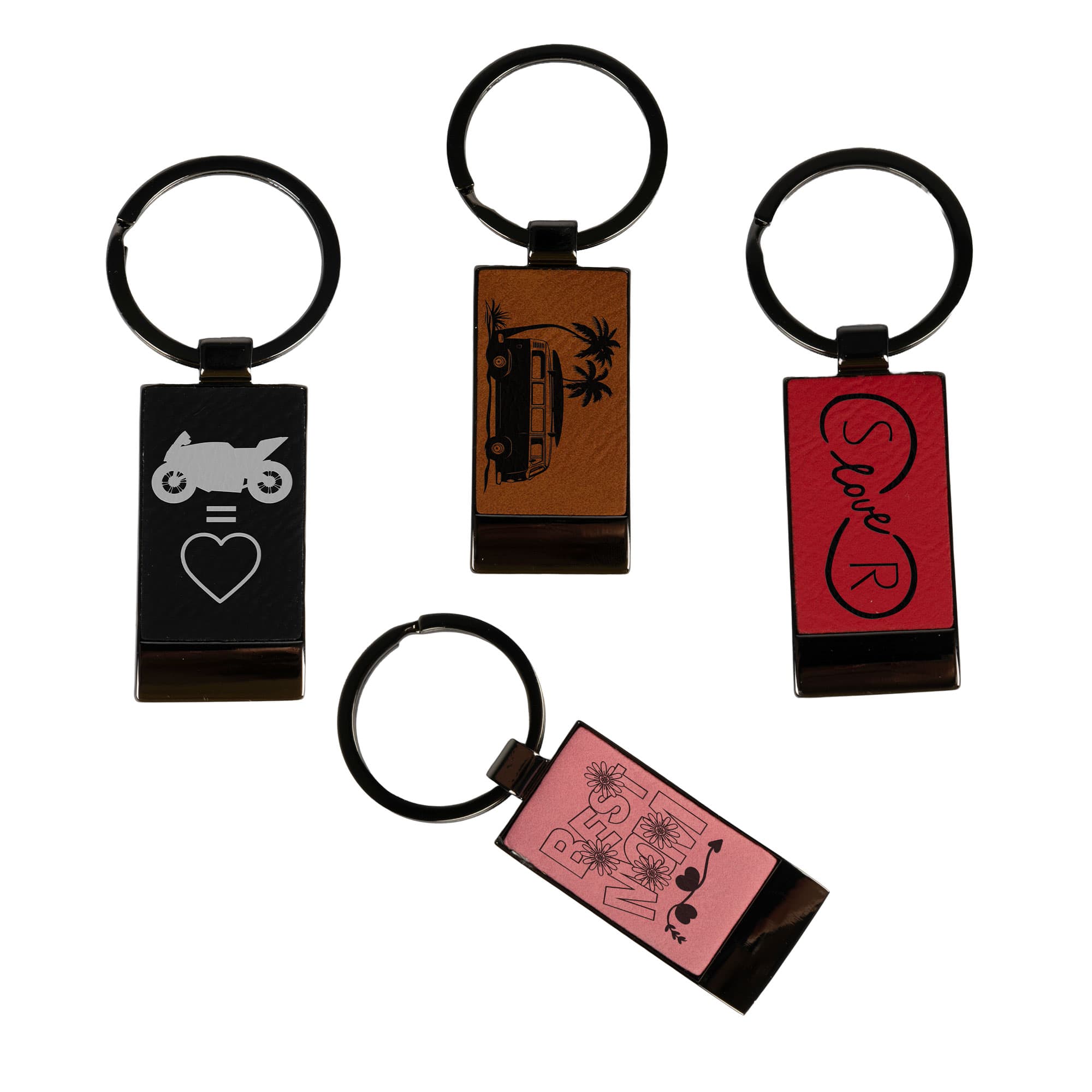 Kovová kľúčenka s laserovou farbou a koženkovou vložkou 25 x 58 mm, rôzne farby