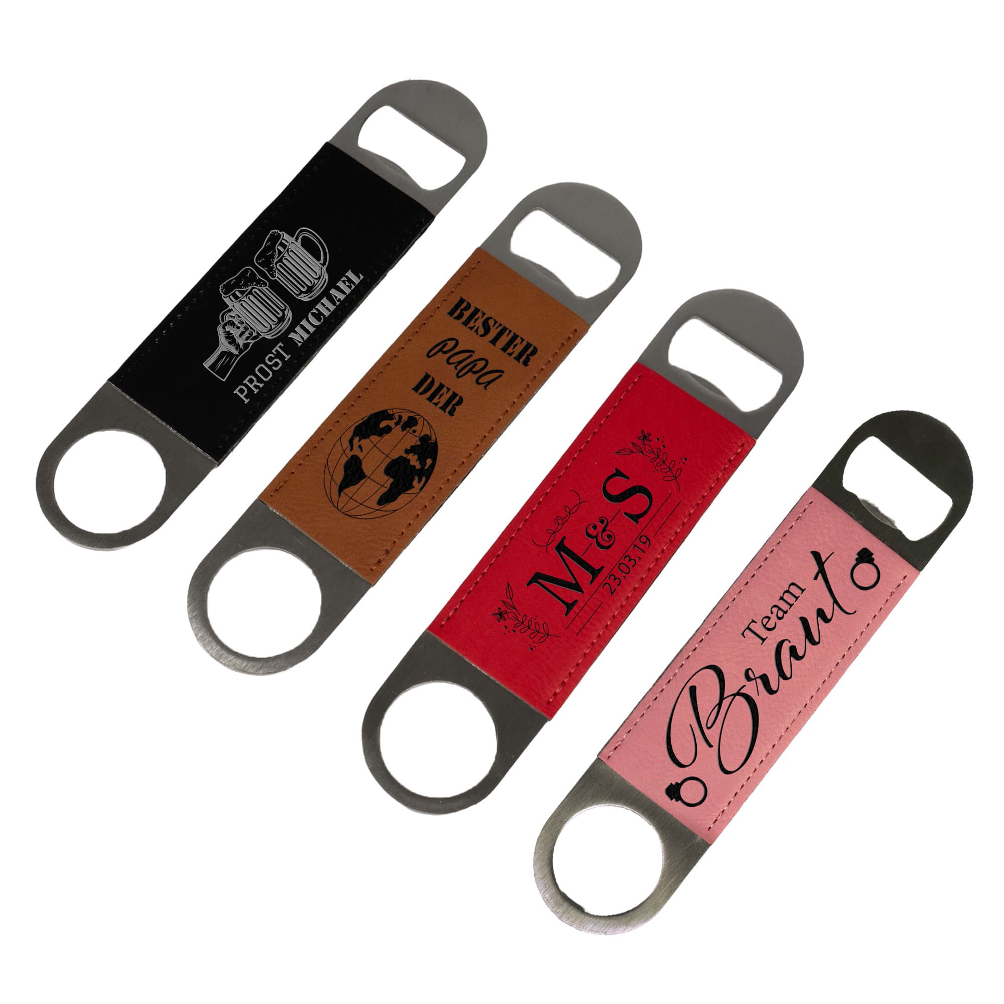 Laserový otvárač na fľaše z nehrdzavejúcej ocele s poťahom z imitácie kože 40 x 117 mm, rôzne farby