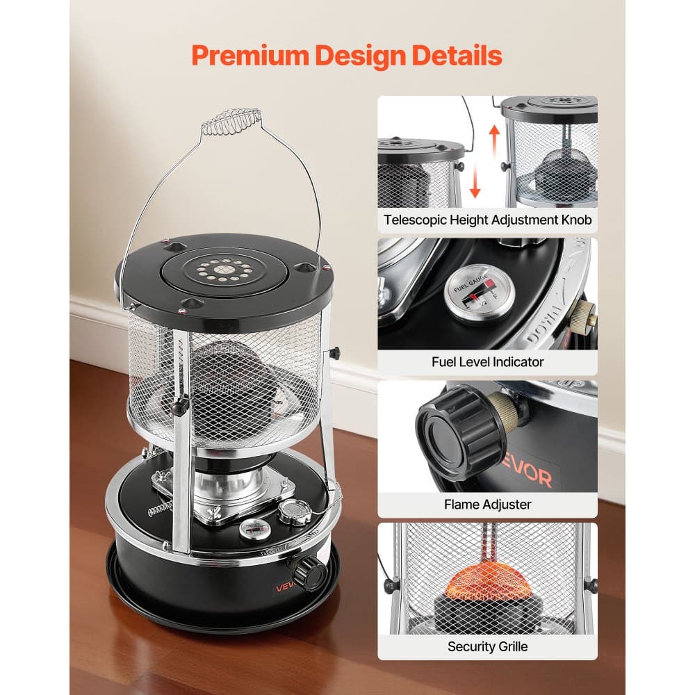 Prenosný petrolejový ohrievač a varič s výkonom 9000 BTU, neelektrický 2 v 1 vnútorný a vonkajší ohrievač s nastaviteľnou výškou a plameňom a jednoduchým skladovaním, na kempovanie, poľovníctvo, varenie, domácnosť, garáž, čierny
