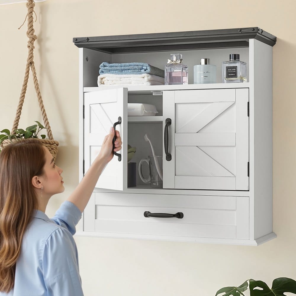 Nástenná kúpeľňová skrinka, 2 dvierka a nastaviteľná polica, nad toaletu, úložná skrinka na lieky, nástenná, závesný organizér so zásuvkou a otvorenou priečkou do práčovne, kuchyne, toalety, biela